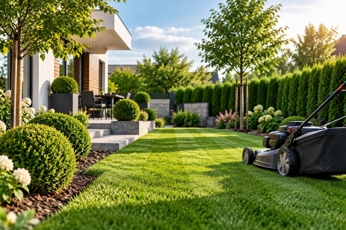 Gepflegter Garten mit frisch gemähtem Rasen
